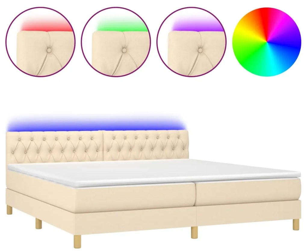 vidaXL Κρεβάτι Boxspring με Στρώμα & LED Κρεμ 200x200 εκ. Υφασμάτινο