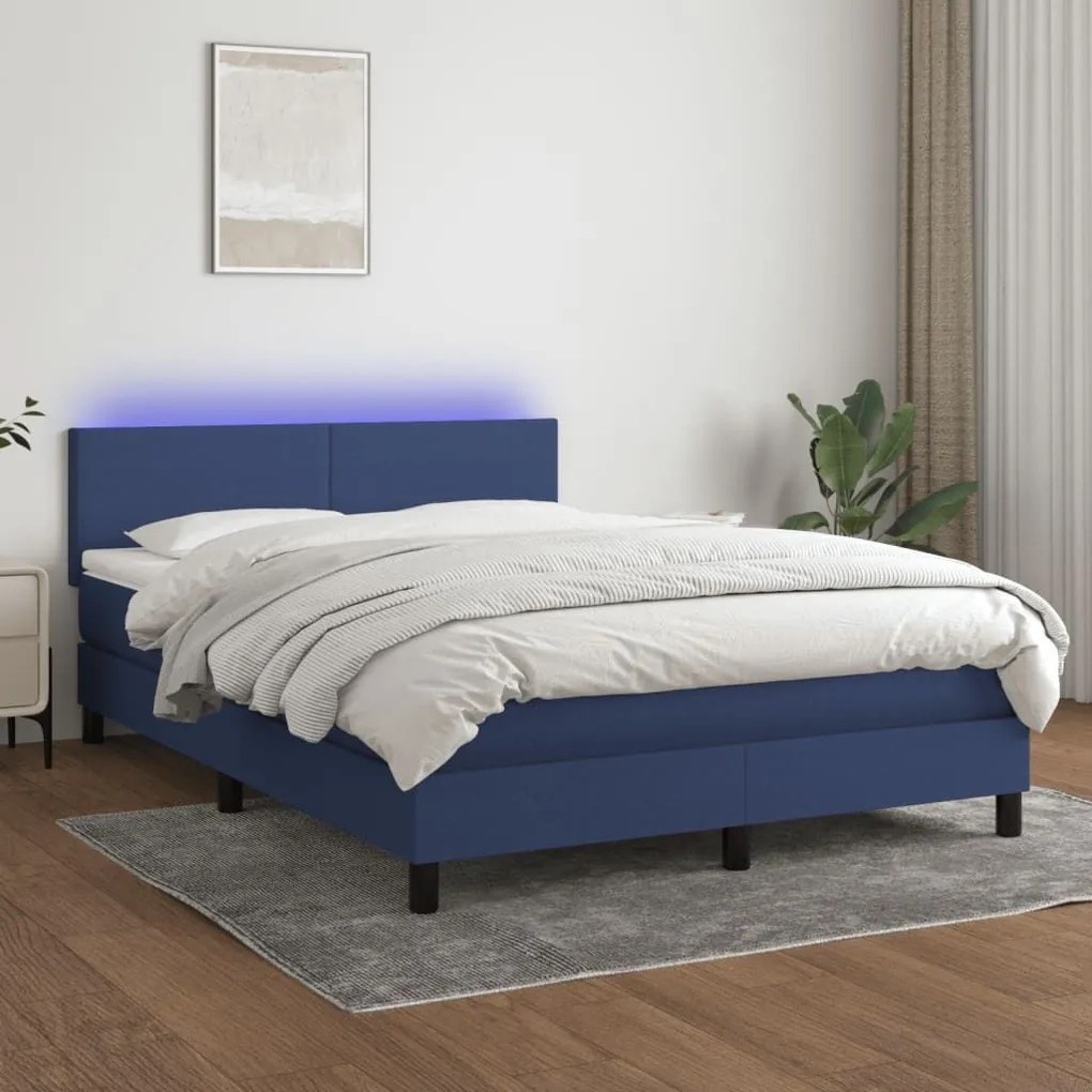 Κρεβάτι Boxspring με Στρώμα &amp; LED Μπλε 140x190 εκ. Υφασμάτινο - Μπλε