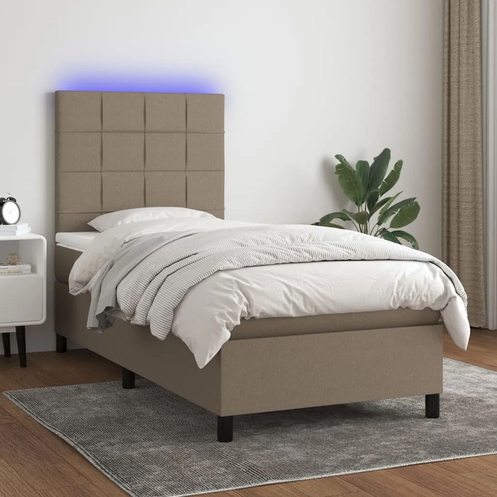 Κρεβάτι Boxspring με Στρώμα & LED Taupe 90x200 εκ. Υφασμάτινο