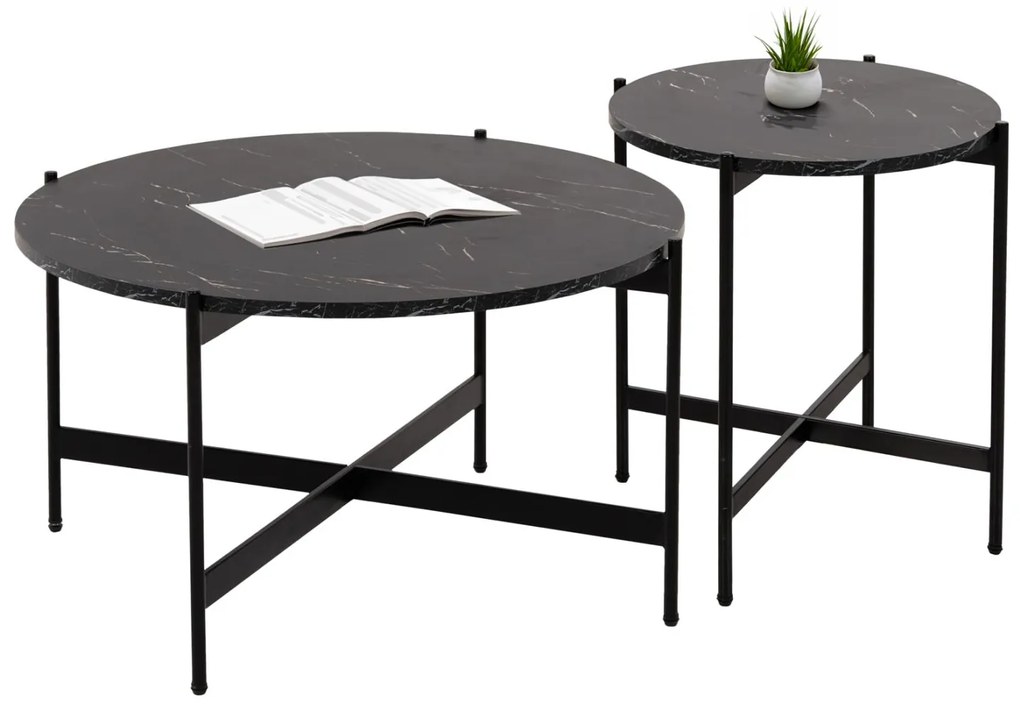 Τραπεζάκια σαλονιού RONDA Σετ 2 τεμ MDF Μαύρο Μάρμαρο Φ80εκ &amp; Φ50εκ. 80x80x45 εκ.