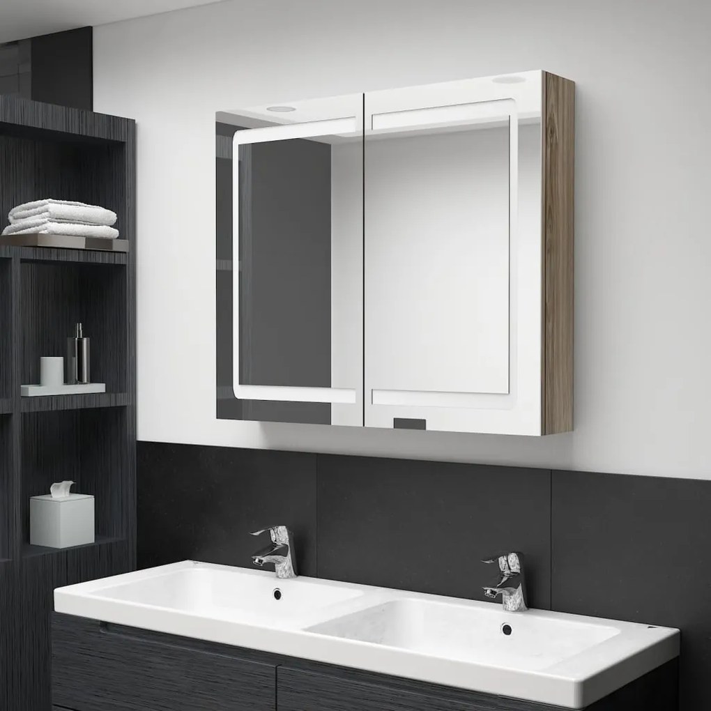vidaXL Καθρέφτης Μπάνιου με Ντουλάπι & LED Δρυς 80 x 12 x 68 εκ.