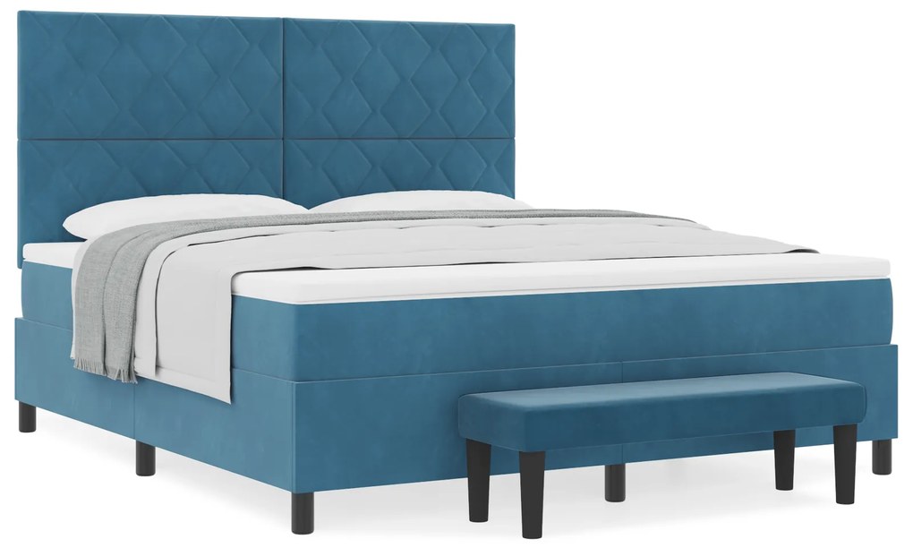 vidaXL Κρεβάτι Box Spring με Στρώμα & Παγκάκι Σκούρο Μπλε 180x200 cm Βελούδο