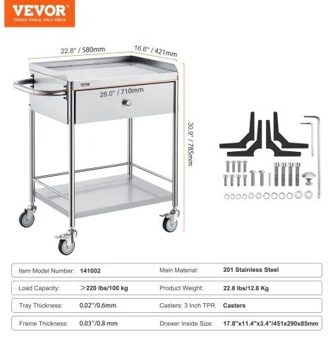 VEVOR Medical Cart, 2 Layers Stainless Steel Cart 220 lbs Weight Capacity, Lab Utility Cart with 360° Silent Wheels and a Drawer for Lab, Clinic, Kitchen, Salon