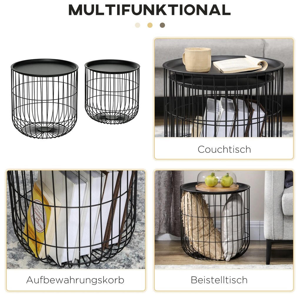 HOMCOM Σετ 2 βοηθητικών τραπεζιών σε σκανδιναβικό στυλ, με αποθηκευτικό χώρο, στοιβαζόμενα, Μαύρο