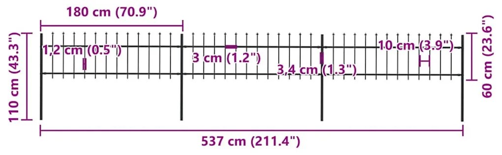 vidaXL Κάγκελα Περίφραξης με Λόγχες Μαύρα 5,1 x 0,6 μ. από Χάλυβα