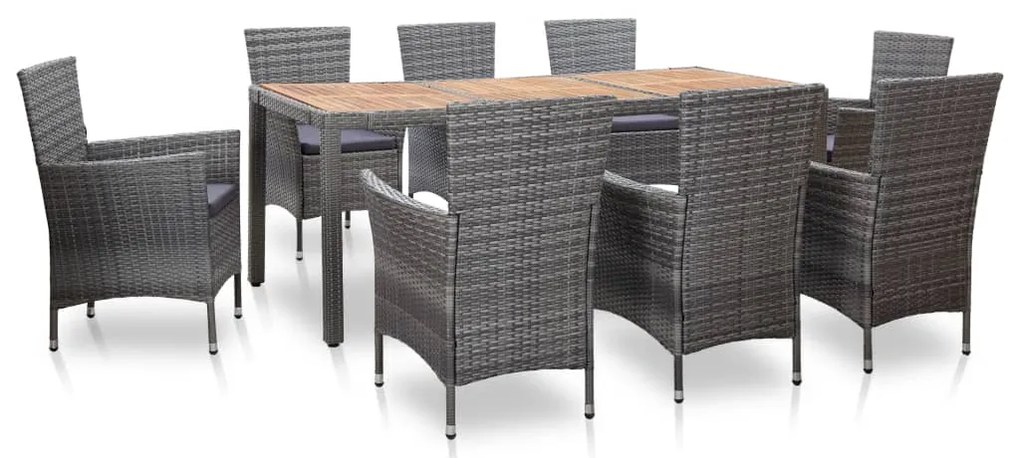 vidaXL Σετ Τραπεζαρίας Εξ. Χώρου 9 τεμ. Γκρι Συνθ. Ρατάν με Μαξιλάρια