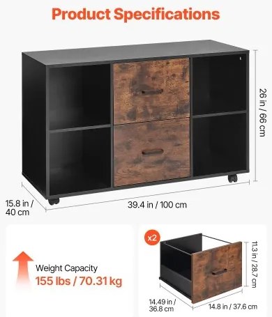 VEVOR 2 Drawer Wooden File Cabinet Mobile Filing Cabinet with Open Shelves Black