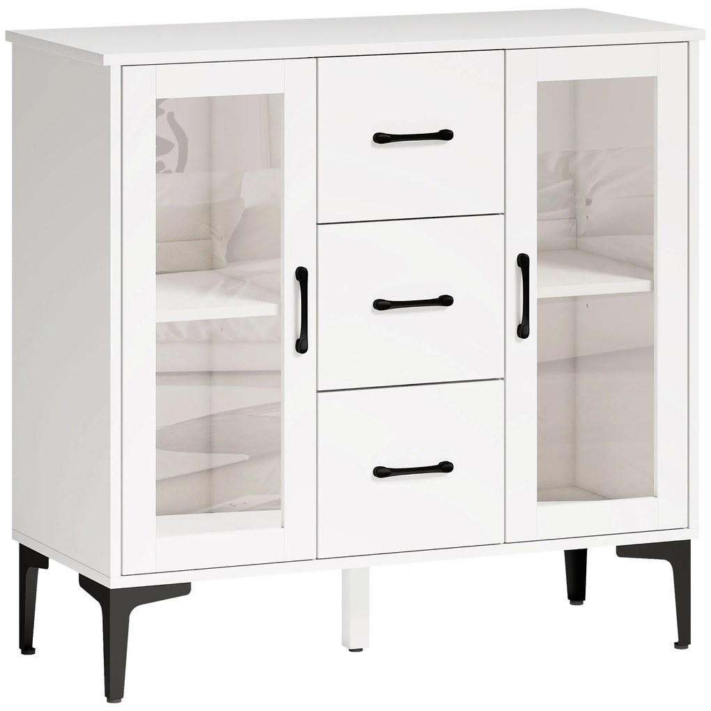 Μοντέρνο Sideboard με Soft-Close πόρτες, μπουφές με 3 συρτάρια, 2 γυάλινες πόρτες, ρυθμιζόμενα ράφια, MDF, λευκό