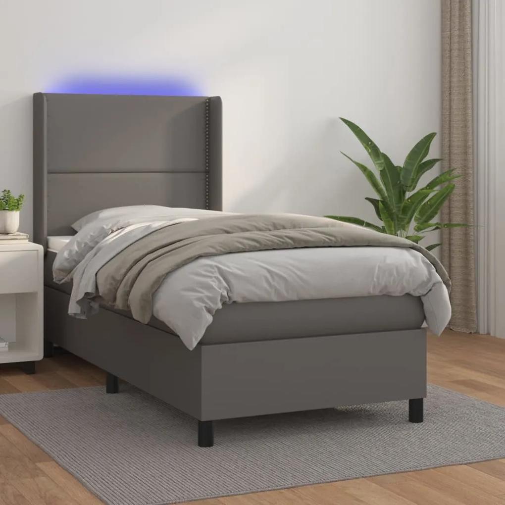 vidaXL Κρεβάτι Boxspring με Στρώμα & LED Γκρι 100x200 εκ. Συνθ. Δέρμα