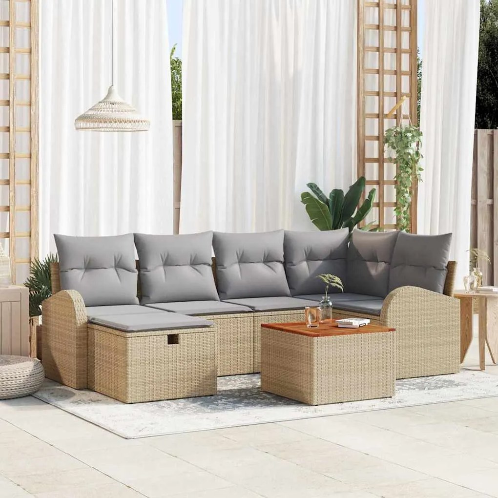 vidaXL Σετ Καναπέ Κήπου με μαξιλάρι 7 pcs Μπεζ Πολυ ράταν