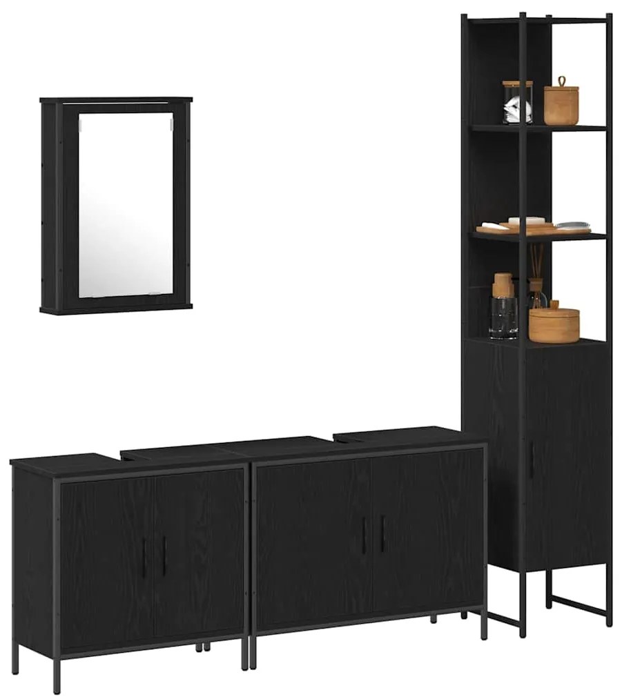 vidaXL Σετ Επίπλων Μπάνιου με ράφι 4 pcs Μαύρο Επεξεργασμένο ξύλο