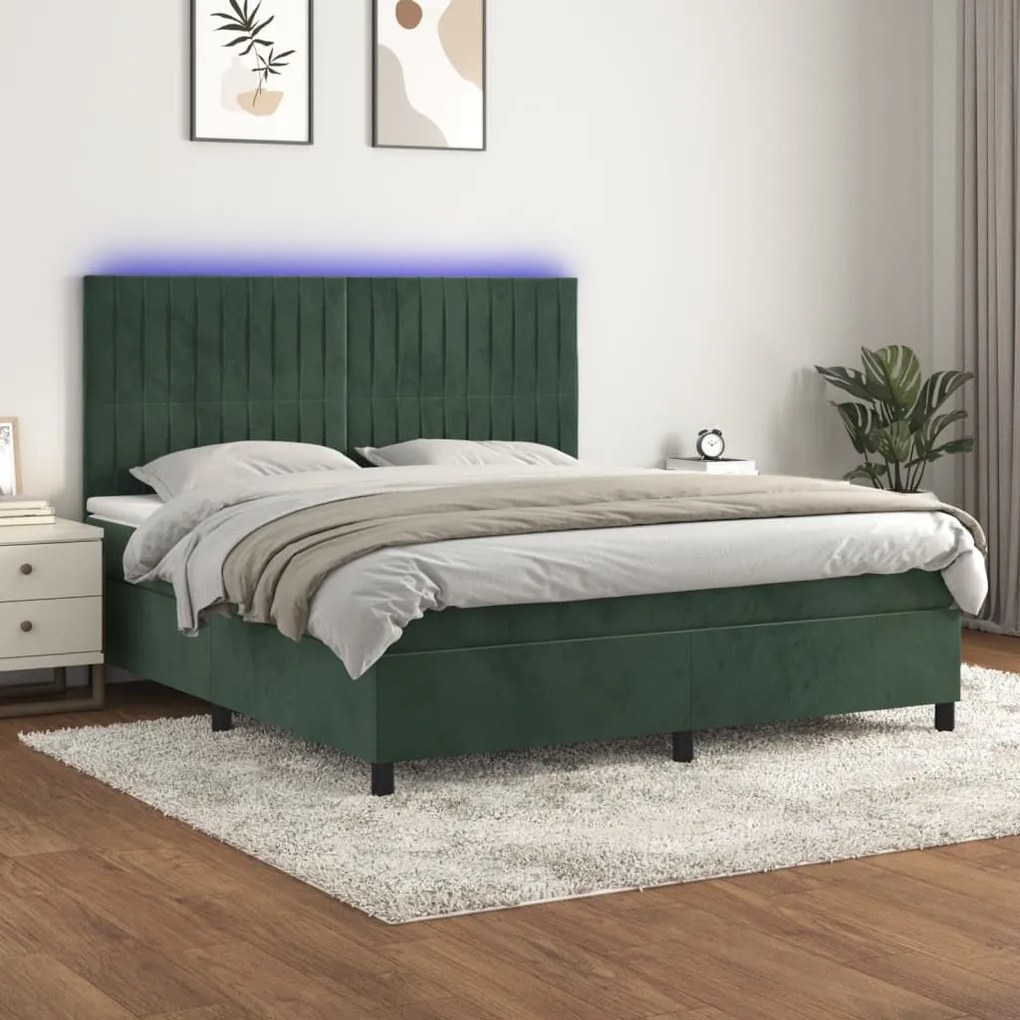 Κρεβάτι Boxspring με Στρώμα & LED Σκ. Πράσινο 180x200εκ Βελούδο