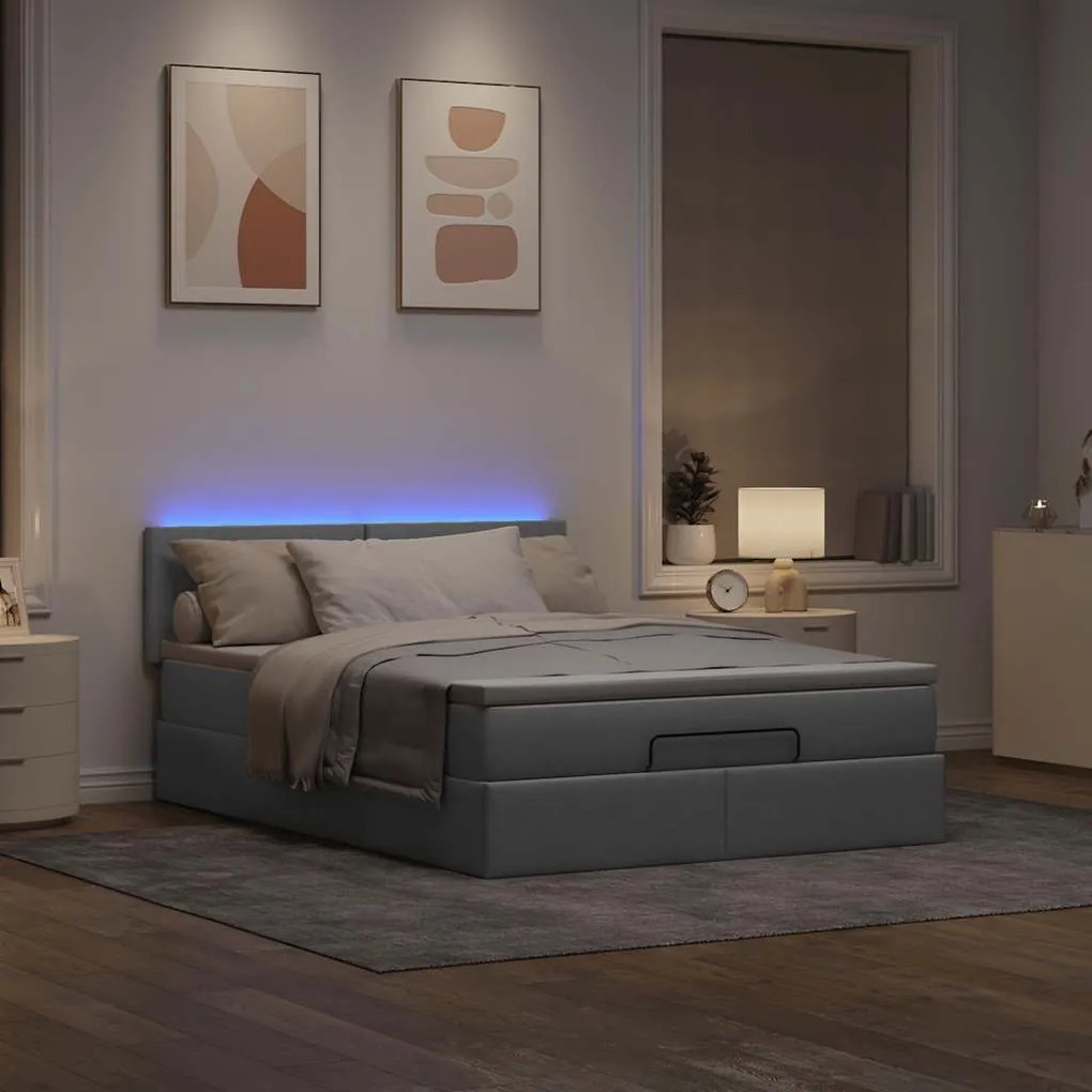 vidaXL Οθωμανικό κρεβάτι με στρώμα & LEDs Ανοιχτό γκρι ύφασμα