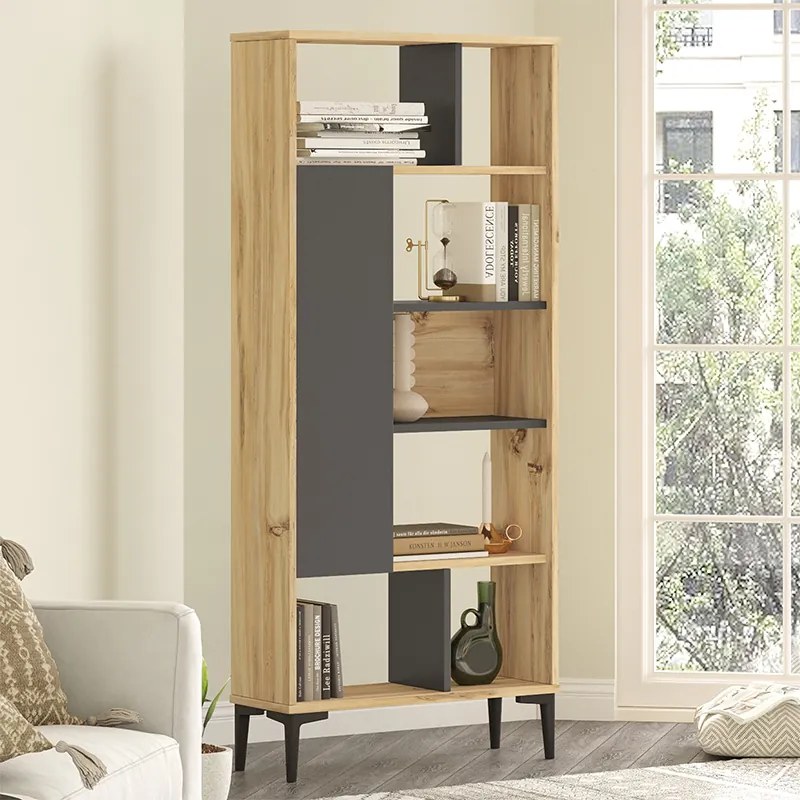Βιβλιοθήκη Neville pakoworld φυσικό-ανθρακί 72x25x163.3εκ (1 τεμάχια)