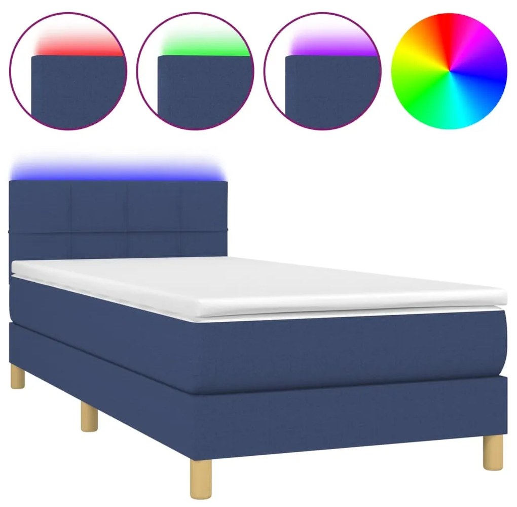 vidaXL Κρεβάτι Boxspring με Στρώμα & LED Μπλε 90x190 εκ. Υφασμάτινο