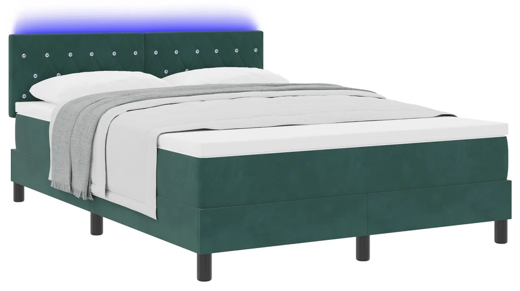 vidaXL κρεβάτι box spring με στρώμα & LED σκούρο πράσινο 140x190 εκ. βελούδο