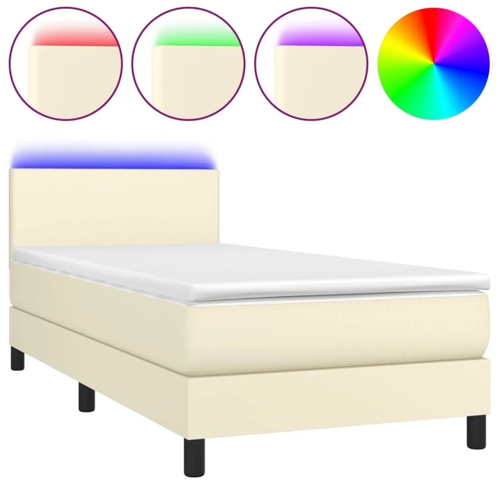 vidaXL Κρεβάτι Boxspring με Στρώμα & LED Κρεμ 90x200 εκ. Συνθ. Δέρμα