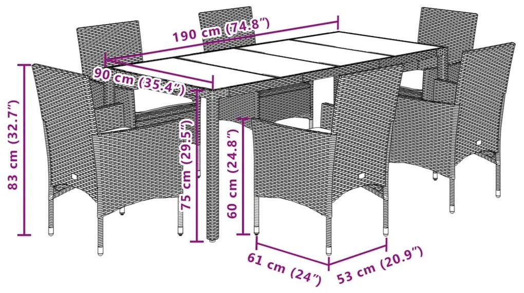 vidaXL Σετ Τραπεζαρίας Κήπου 7 τεμ. Γκρι Συνθ. Ρατάν/Ακακίας Μαξιλάρια