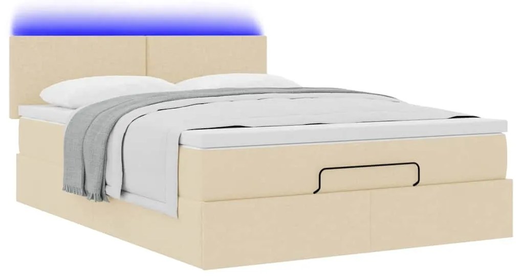 vidaXL Οθωμανικό κρεβάτι με στρώμα & LEDs Cream 140x200 cm Ύφασμα