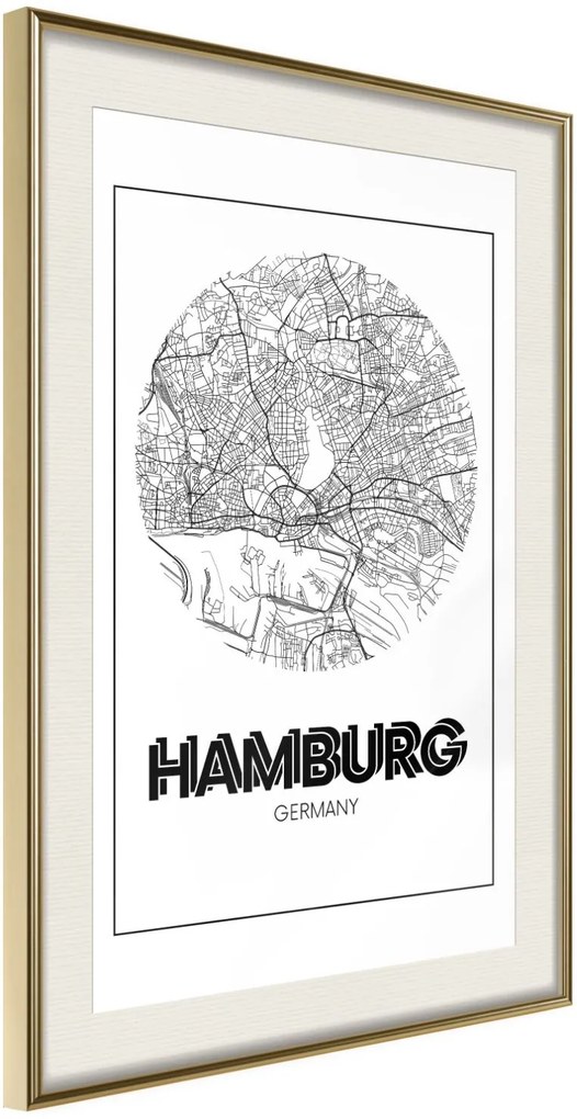 Αφίσα - City Map: Hamburg (Round) - 30x45 - Χρυσό - Με πασπαρτού