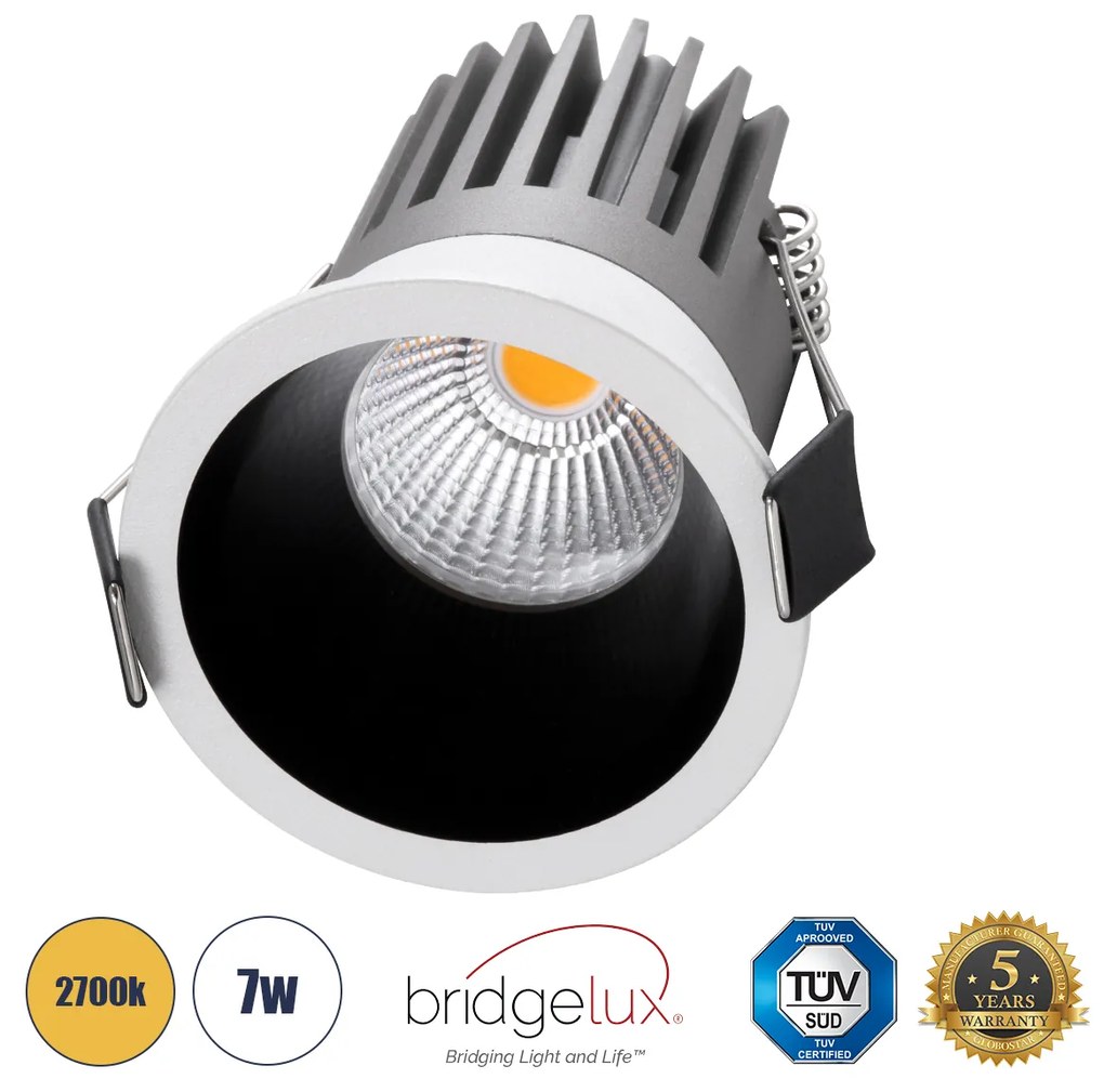 GloboStar MICRO-B 60241 Χωνευτό LED Spot Downlight TrimLess Φ6cm 7W 875lm 38° AC 220-240V IP20 Φ6 x Υ7.8cm - Στρόγγυλο - Λευκό με Μαύρο Κάτοπτρο - Θερμό Λευκό 2700K - Bridgelux COB - 5 Years Warranty