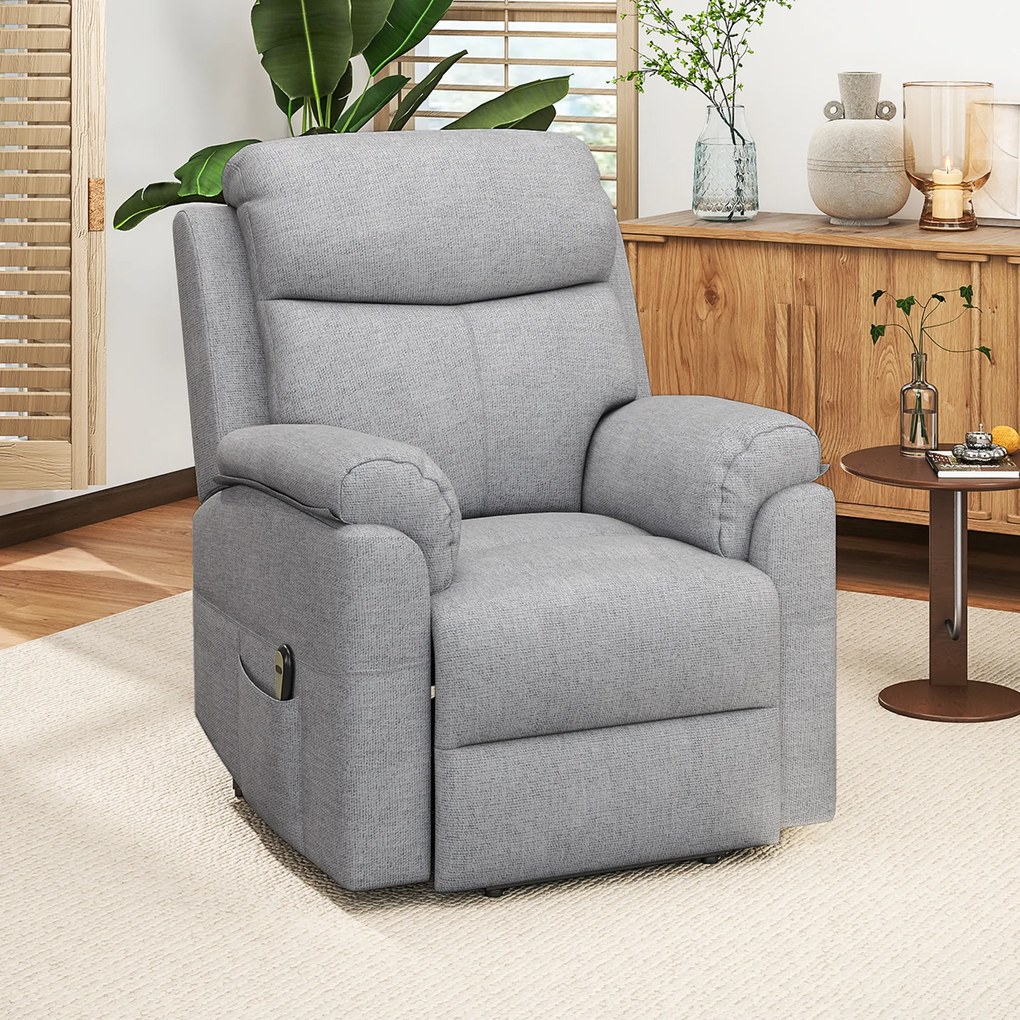Ηλεκτρική πολυθρόνα HOMCOM, πολυθρόνα με υποβοήθηση ανύψωσης, πολυθρόνα ανάκλισης με λειτουργία ύπνου, όψη λινό, 83 x 89 x 102 cm, γκρι