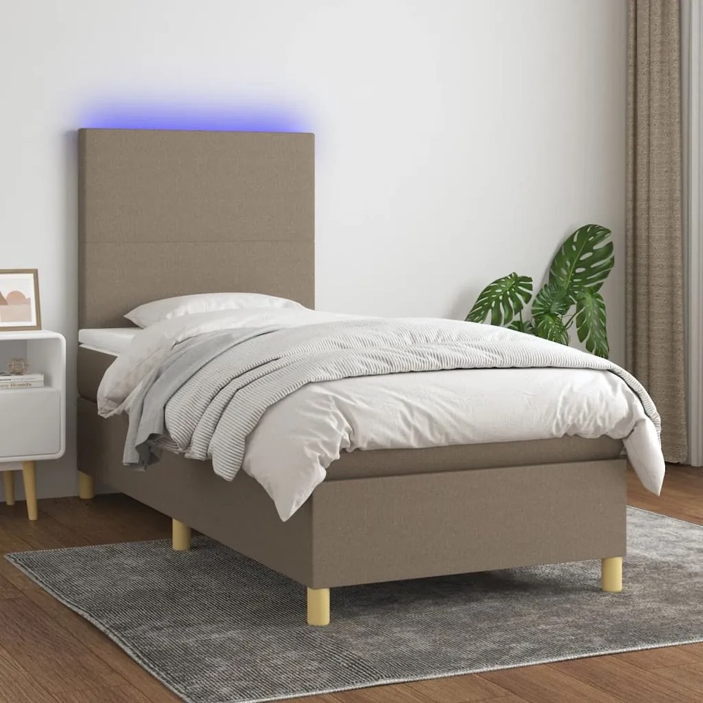 Κρεβάτι Boxspring με Στρώμα & LED Taupe 90x200 εκ. Υφασμάτινο