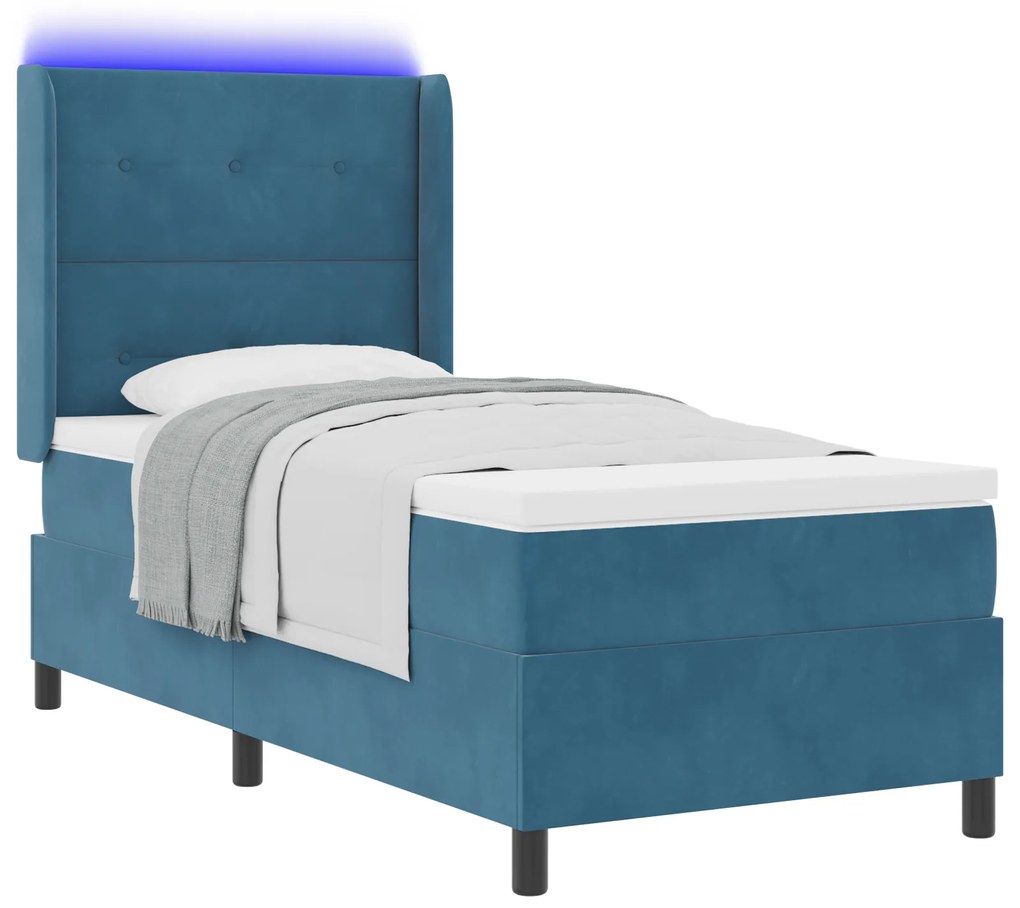 vidaXL Κρεβάτι Box Spring με Στρώμα & LED Σκούρο Μπλε 90x200 εκ Βελούδο