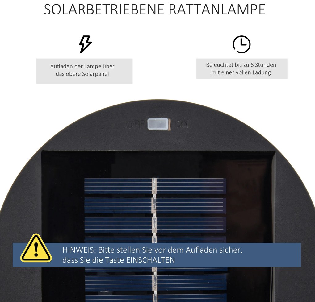 Φωτιστικό κήπου Outsunny, εξωτερικό φωτιστικό, ηλιακό, 8 ώρες λειτουργίας, αυτόματη λειτουργία, εμφάνιση rattan, 21,5 x 21,5 x 61 cm