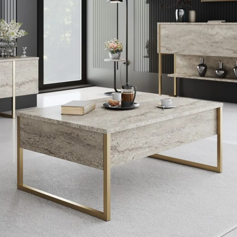 Τραπεζάκι σαλονιού Luxe Megapap χρώμα travertine - χρυσό 90x60x40εκ. - GP052-0128,1