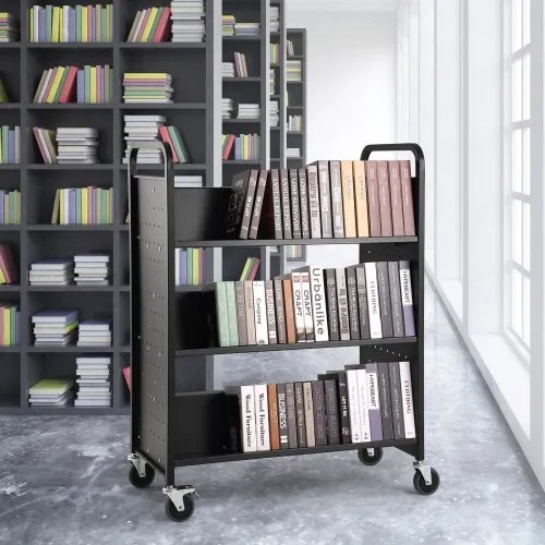 VEVOR Book Cart, 330 lbs Library Cart, 39.4&quot; x 20.1&quot; x 49.2&quot; Rolling Book Cart, Double Sided W-Shaped Sloped Shelves with 4-Inch Lockable Wheels for Home Shelves Office School, Book Truck in Black