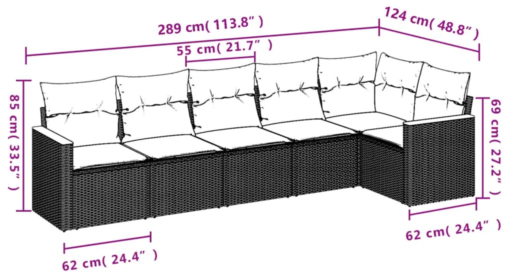 vidaXL Καναπές Κήπου 6 Τεμαχίων Μαύρο από Συνθετικό Ρατάν με Μαξιλάρια