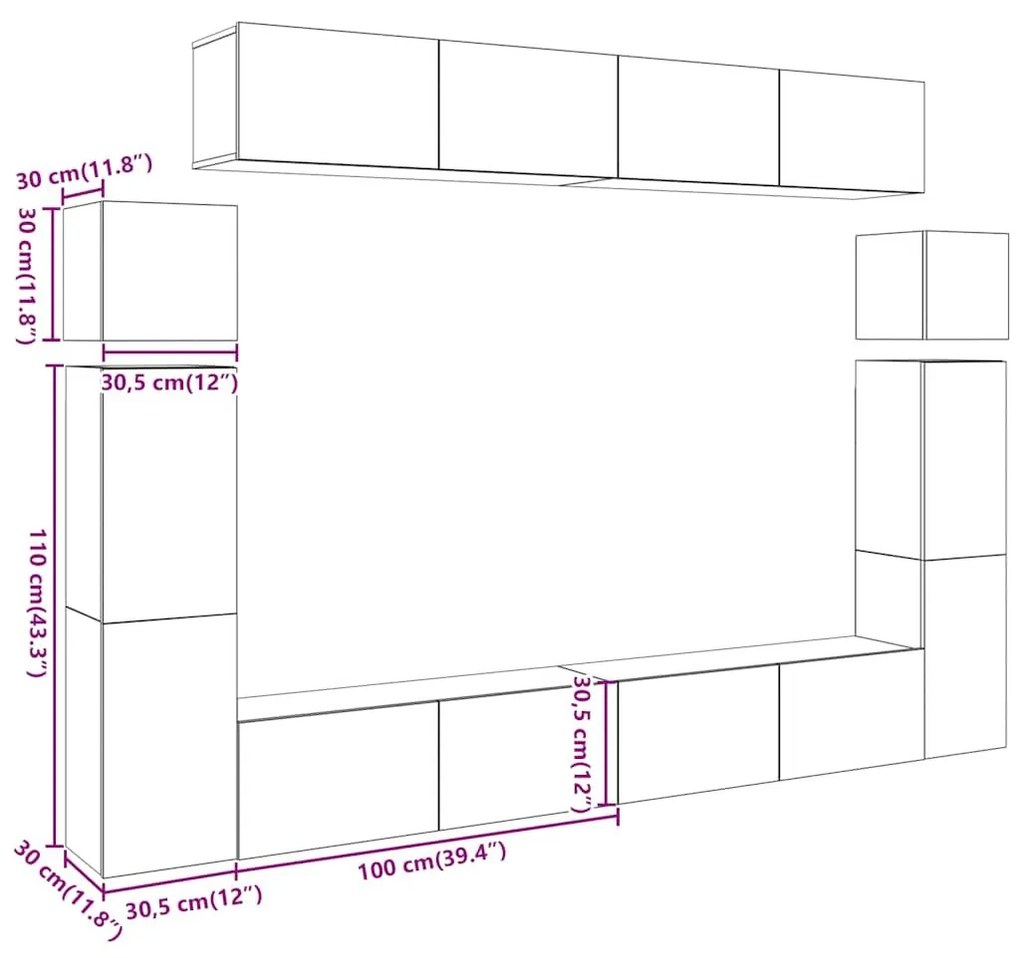 8 τεμαχίων σετ ντουλαπιών τηλεόρασης με επίτοιχο παλιό ξύλο - Καφέ