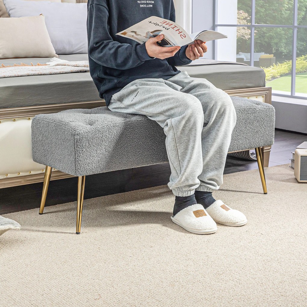 HOMCOM Πάγκος Κρεβατιού, Πάγκος Καθίσματος, Μαλακό Κάλυμμα σε Όψη Μαλλιού Αρνιού, έως 120 kg, Επιχρυσωμένα Ατσάλινα Πόδια, 112x41x46cm, Γκρι