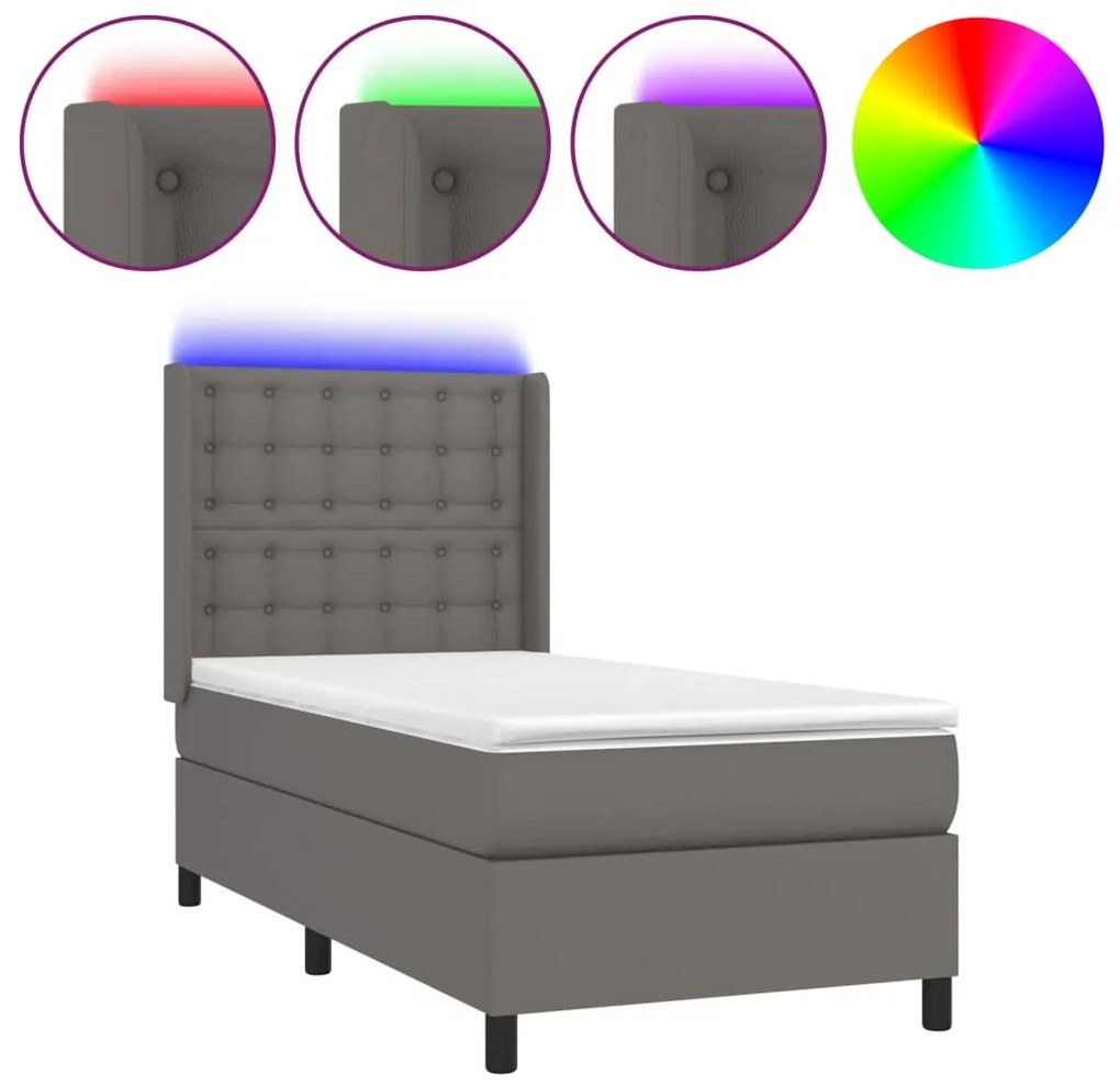 vidaXL Κρεβάτι Boxspring με Στρώμα &amp; LED Γκρι 100x200 εκ. Συνθ. Δέρμα