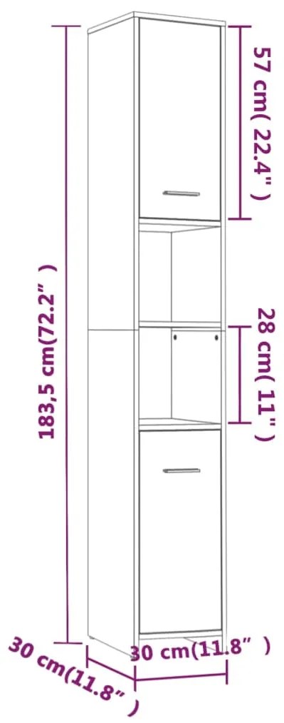 Ντουλάπι Μπάνιου Γκρι Sonoma 30x30x183,5 εκ. Επεξεργασμένο Ξύλο - Γκρι