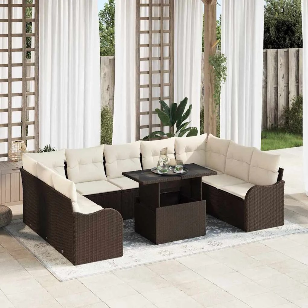 vidaXL Σετ Καναπέ Κήπου με μαξιλάρι 10 pcs Καφέ Πολυ ράταν