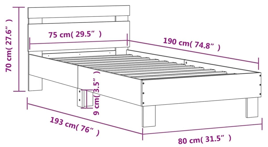 Πλαίσιο Κρεβατιού με Κεφαλάρι Sonoma Δρυς 75x190 εκ. Επεξ. Ξύλο - Καφέ