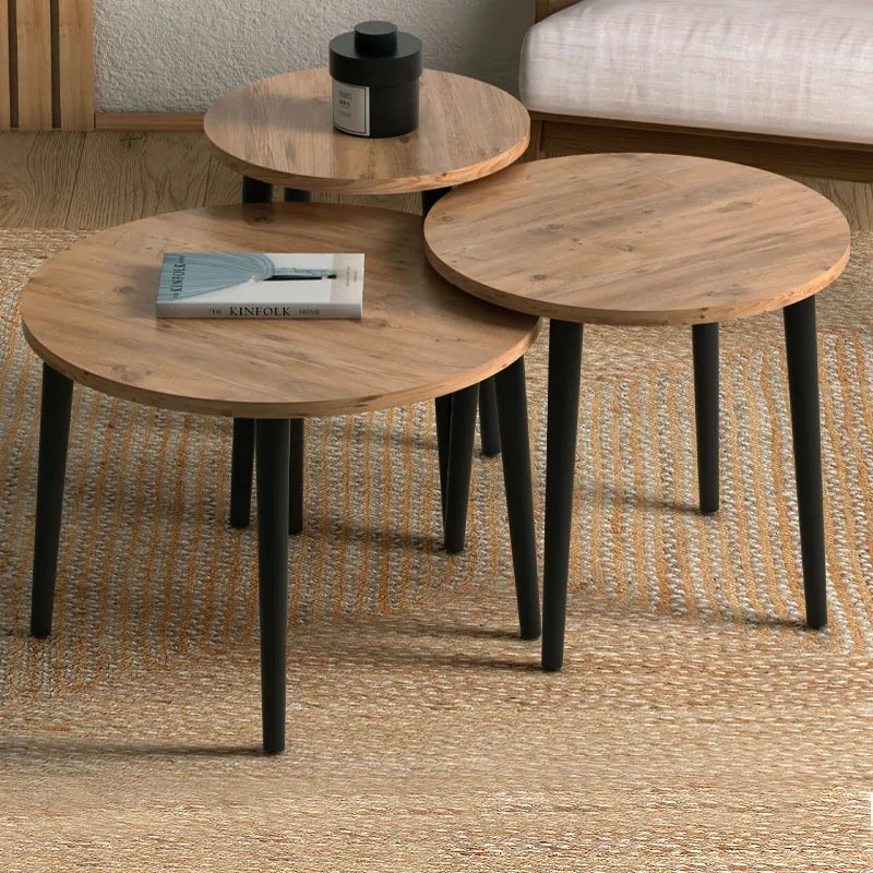 Τραπεζάκι σαλονιού σετ 3 τμχ Roma Megapap χρώμα oak Φ60x46εκ.-GP022-0036,4