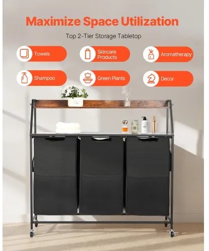 VEVOR 2 Tiers Laundry Sorter Tall Laundry Hamper with Wheels and Hooks 3 Section