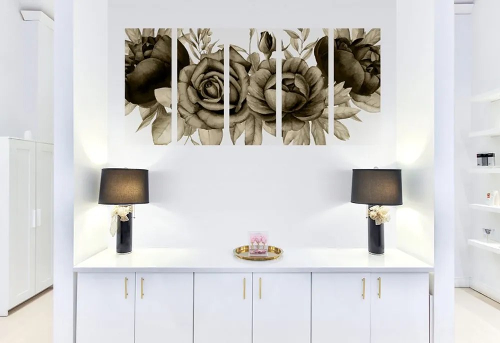 Εικόνα 5 μερών γοητευτικός συνδυασμός λουλουδιών και φύλλων σε σέπια - 100x50