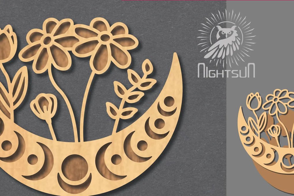 Σετ των 3 Intra απο ξύλο plywood 3mm-4mm πάχος - Floral Moon Cut Laser Διακόσμηση 4 Δίασταση 20x20 cm INTRAFABR-121964108