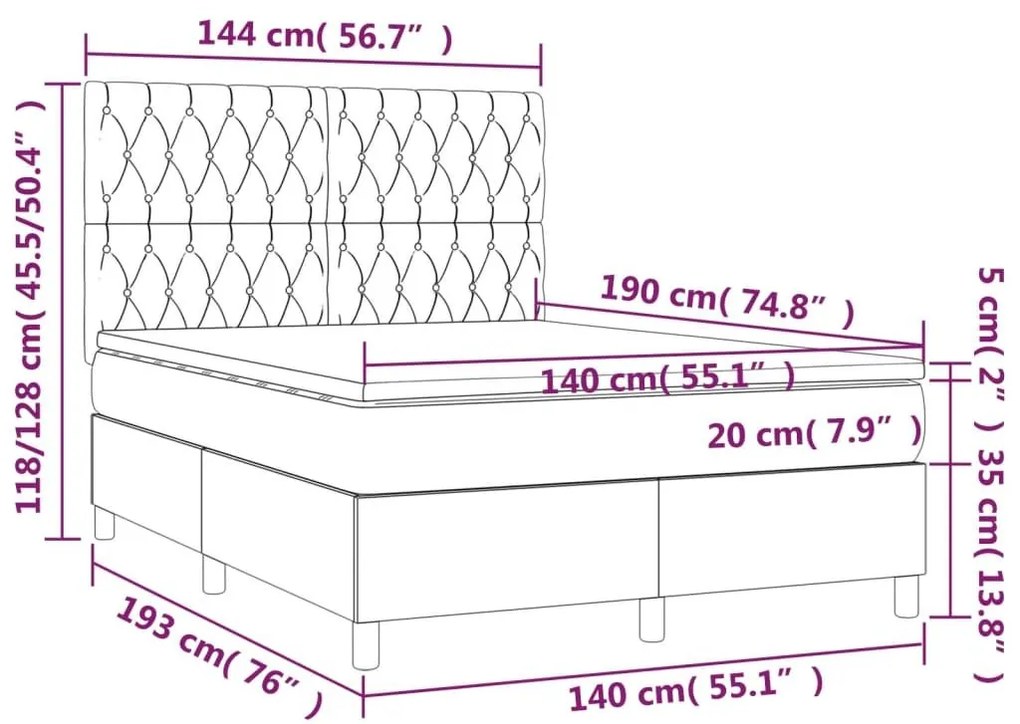 Κρεβάτι Boxspring με Στρώμα &amp; LED Κρεμ 140x190 εκ. Υφασμάτινο - Κρεμ