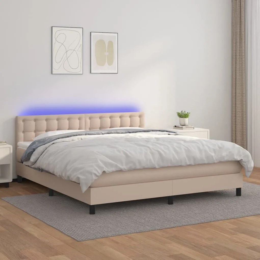 Κρεβάτι Boxspring Στρώμα&amp;LED Καπουτσίνο 160x200 εκ. Συνθ. Δέρμα - Καφέ