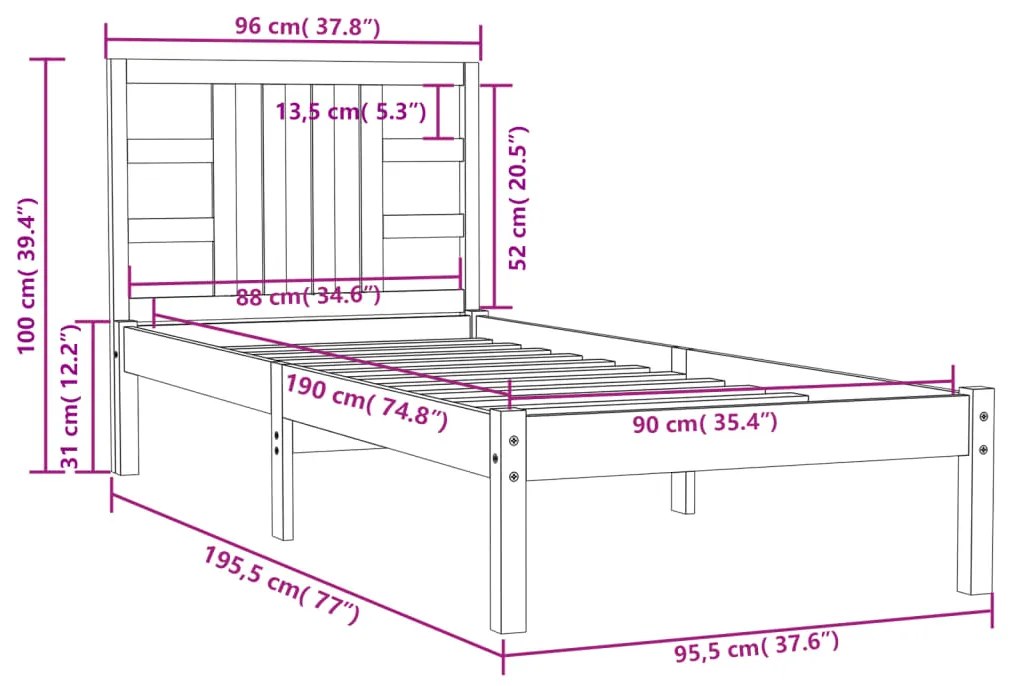 vidaXL Πλαίσιο Κρεβατιού Λευκό 90 x 190 εκ. Μασίφ Ξύλο Single