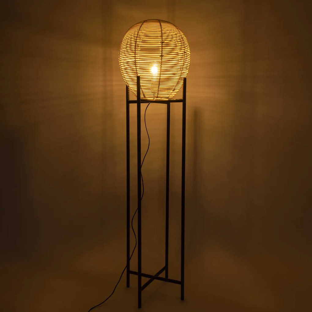 GloboStar® NERINA 02016 Boho Επιδαπέδιο Φωτιστικό Μονόφωτο 1 x E27 AC220-240V IP20 - Φ40 x Υ160cm - Μαύρο Μεταλλικό με Μπεζ Ρατάν Καπέλο Πλέγμα - 5 Χρόνια Εγγύηση