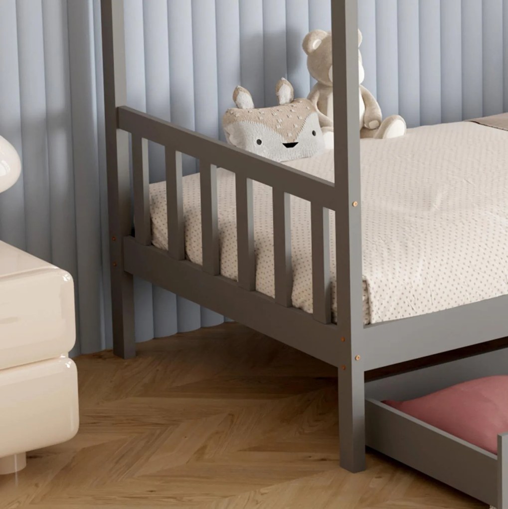Κρεβάτι Παιδικό KLARICE τ.MONTESSORI με 2 Συρτάρια Ξύλο Πεύκου Γκρί 90x190εκ. 196x97x193 εκ.