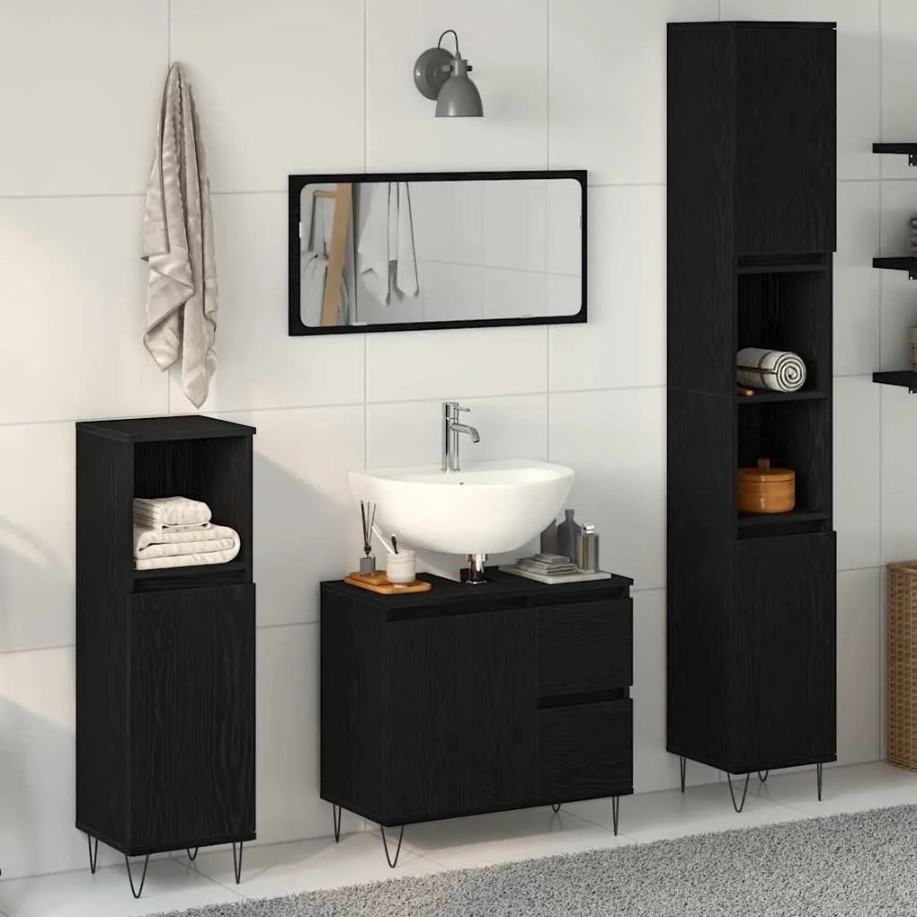 vidaXL Σετ Επίπλων Μπάνιου με πόρτα 3 pcs Μαύρη Οξυά 30 x 30 x 190 εκ