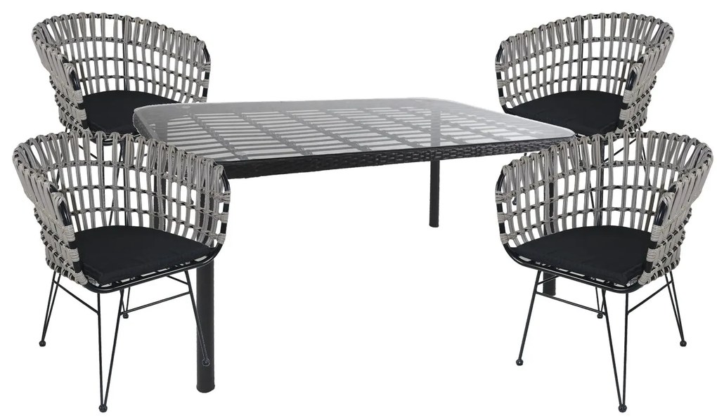 Σετ Τραπεζαρία Κήπου ArteLibre AMPIUS Μαύρο Μέταλλο/Rattan/Γυαλί Με 4 Καρέκλες 14990391-14990391