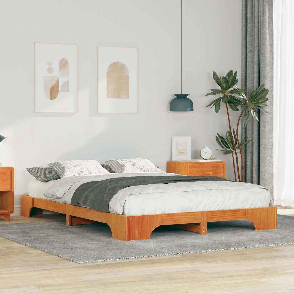 vidaXL Κρεβάτι δαπέδου Καφέ 140 x 220 εκ. Μασίφ ξύλο πεύκου